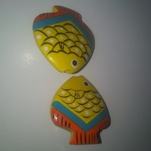 Hand painted wooden fish clip on earrings